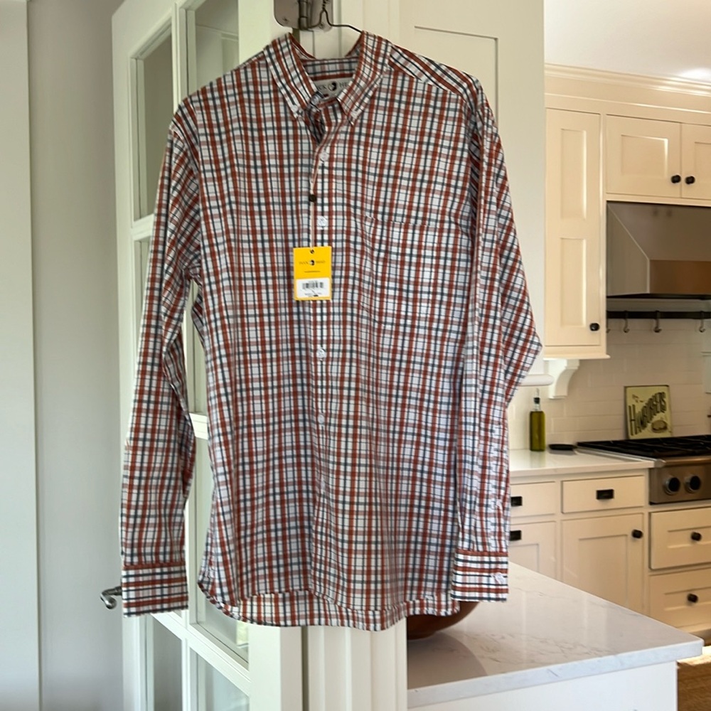 Duck Head size medium button down shirt, plaid/gingham orange and gray